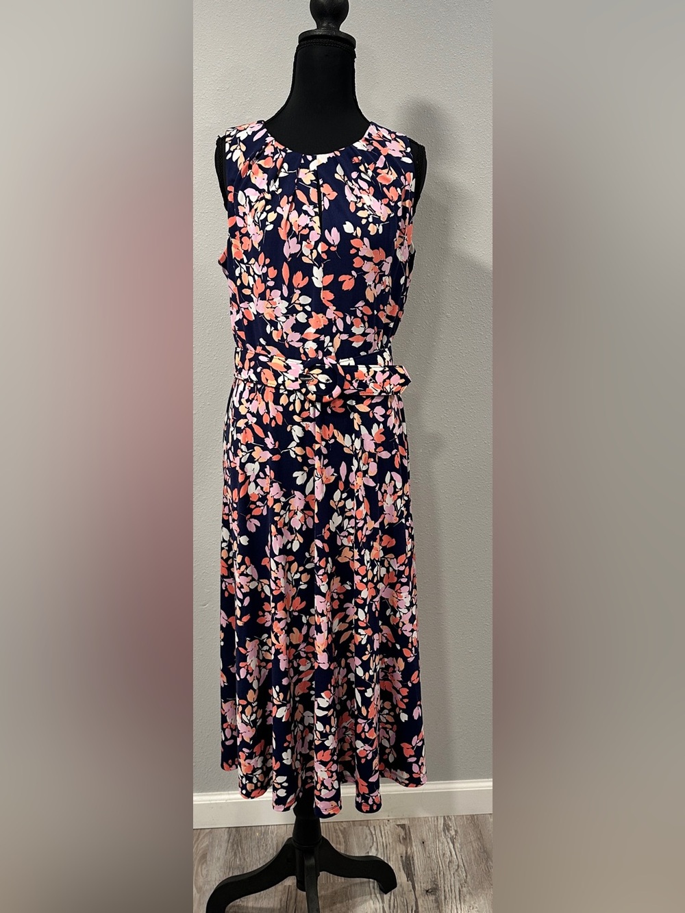 London Times - Navy Floral Sleeveless Belted Midi Dress